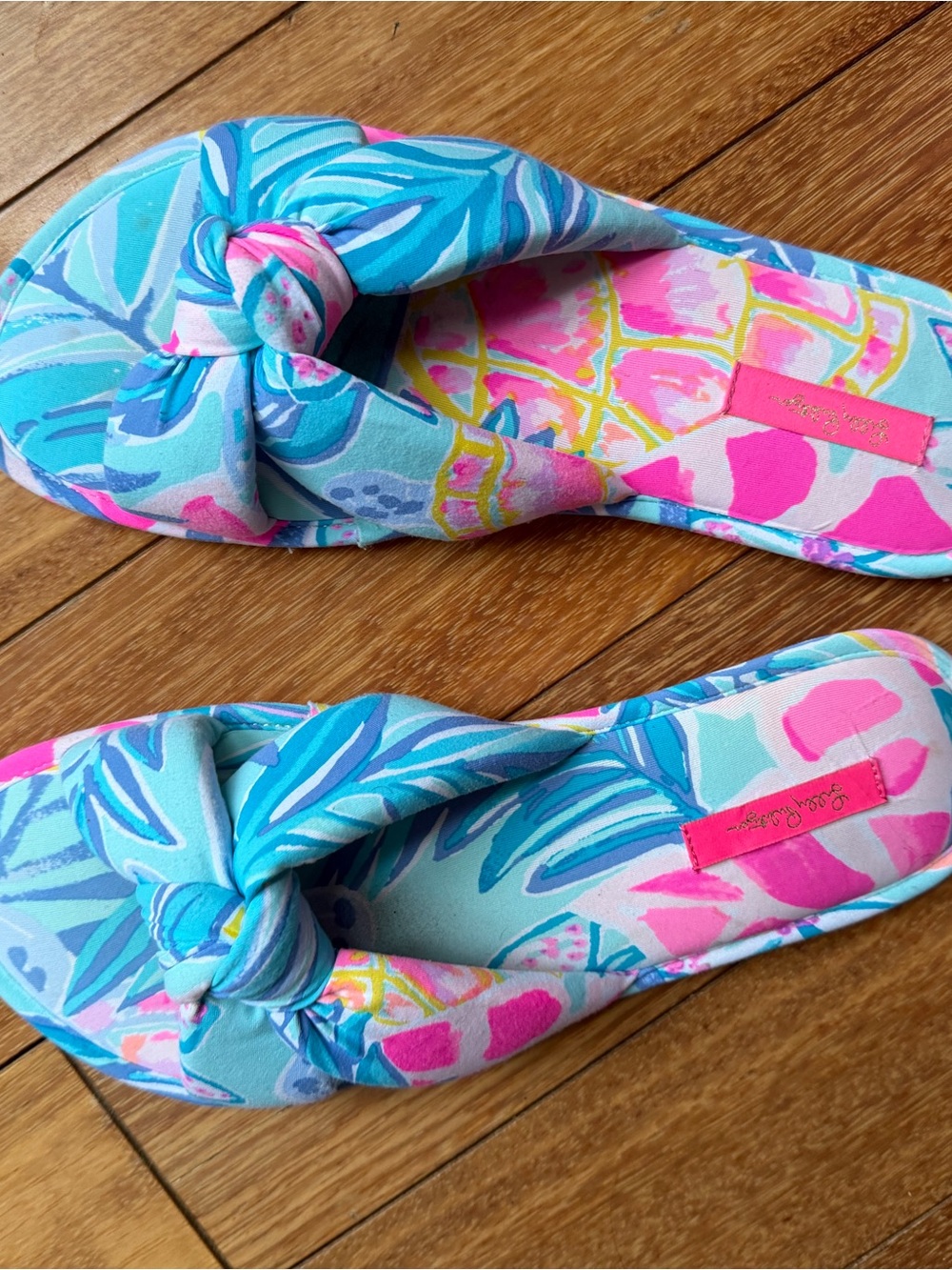 Lilly Pulitzer Turquoise Pink Floral Knot Slide Sandals